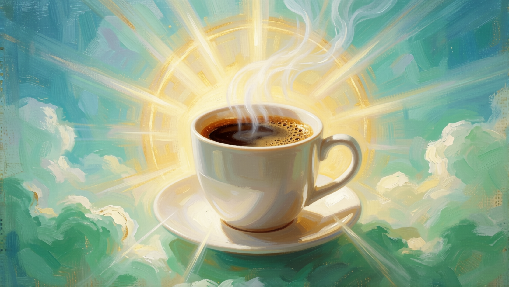 Une tasse de café divine rayonnant la lumière sainte